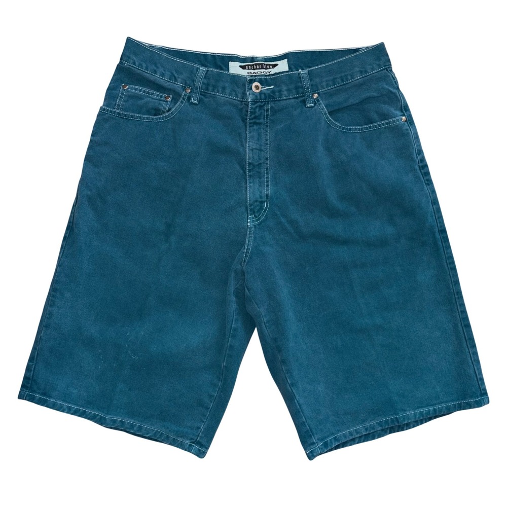 Anchor Blue Baggy Vintage 90s Skater Denim Shorts Teal Blue Green 34